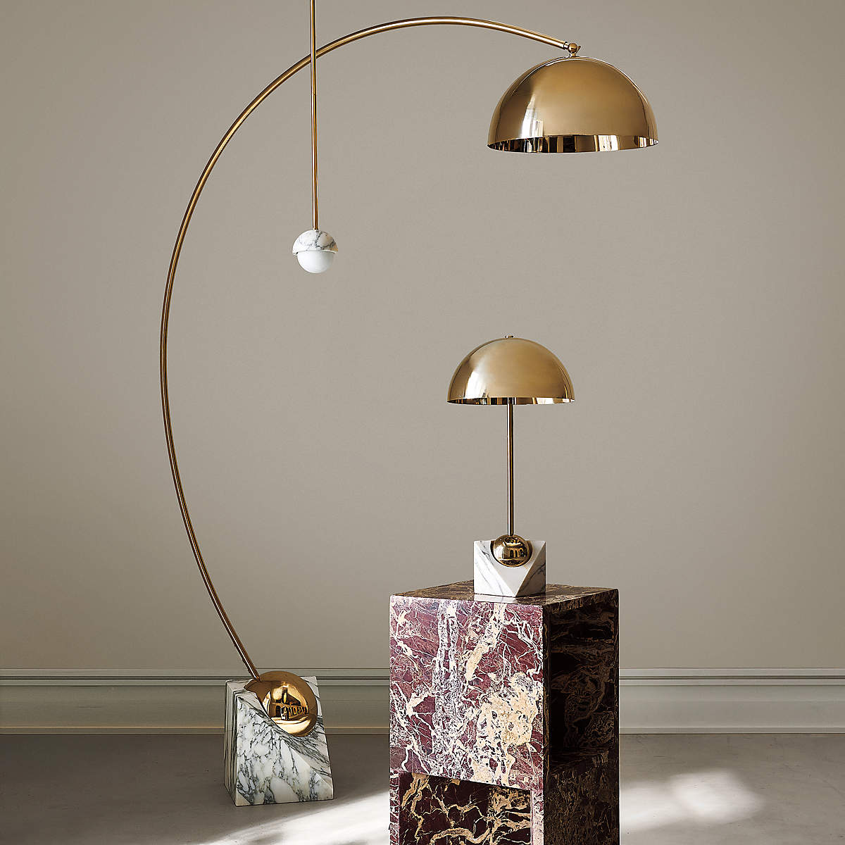 Close-up of the solid white and grey violet-veined marble base of the Venus Floor Lamp.