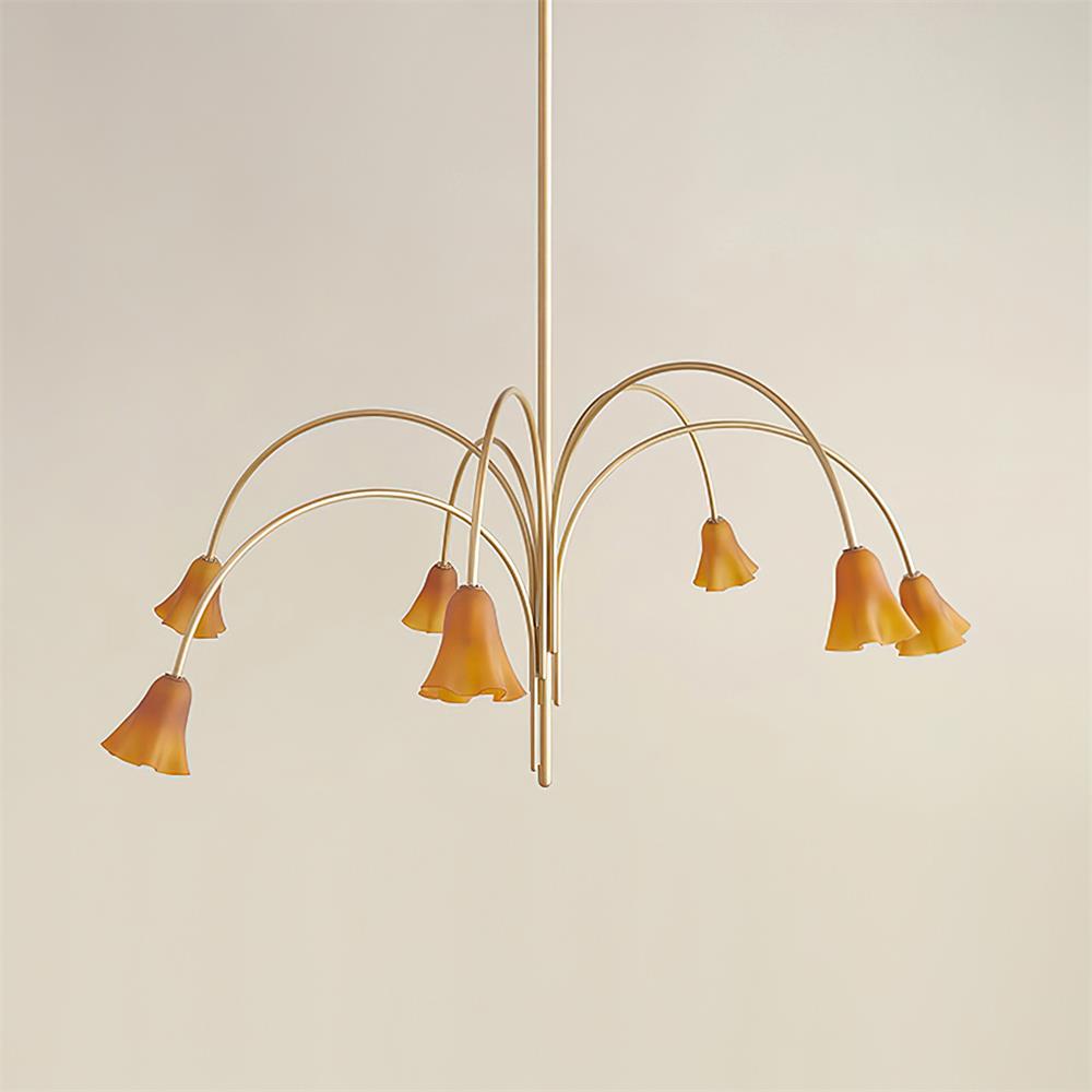 Chandelier Flower-Shaped Glass Shades on Gold Metal Arms for Dining