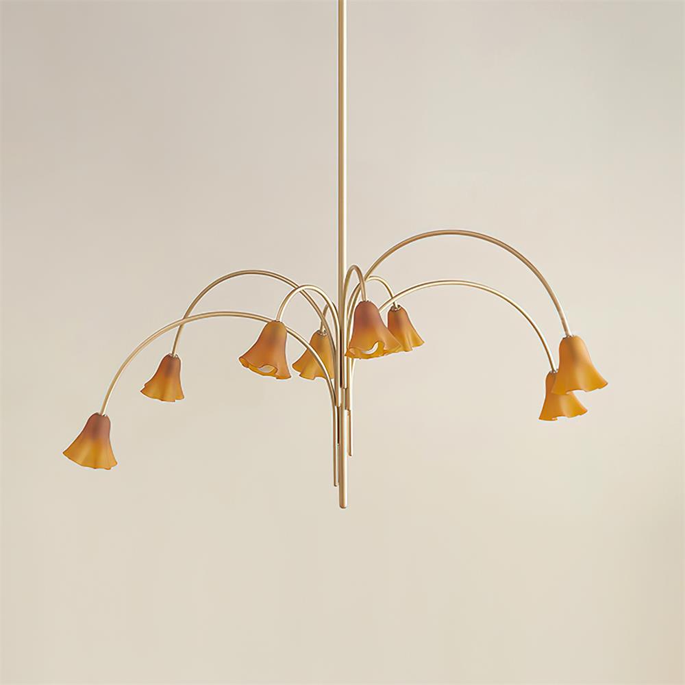 Chandelier Flower-Shaped Glass Shades on Gold Metal Arms for Dining
