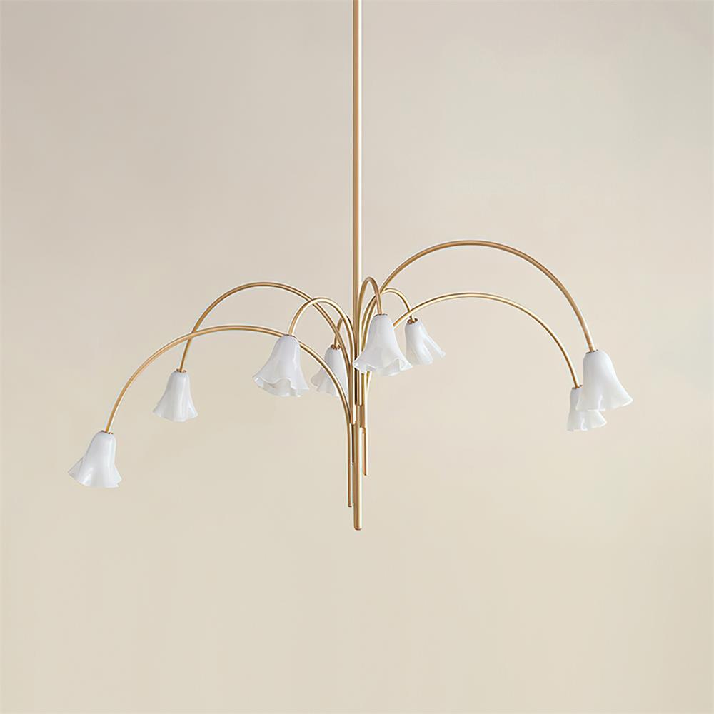 Chandelier Flower-Shaped Glass Shades on Gold Metal Arms for Dining