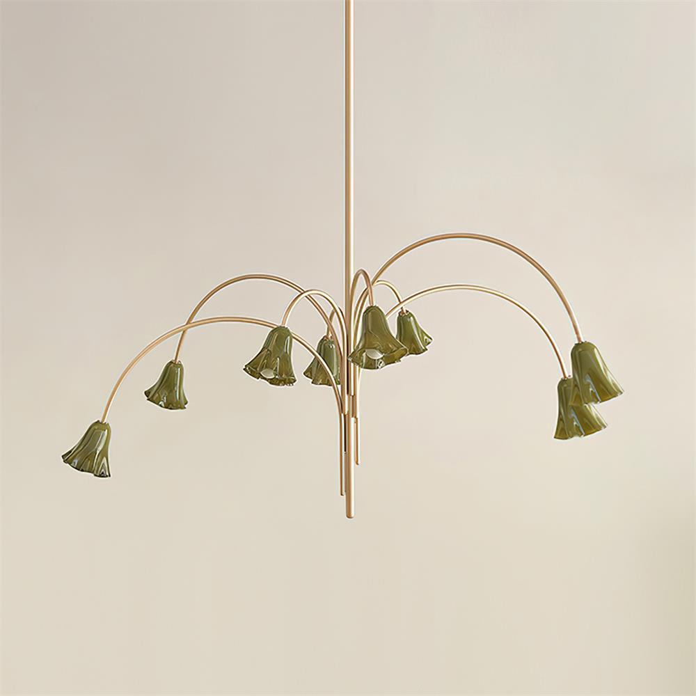 Chandelier Flower-Shaped Glass Shades on Gold Metal Arms for Dining