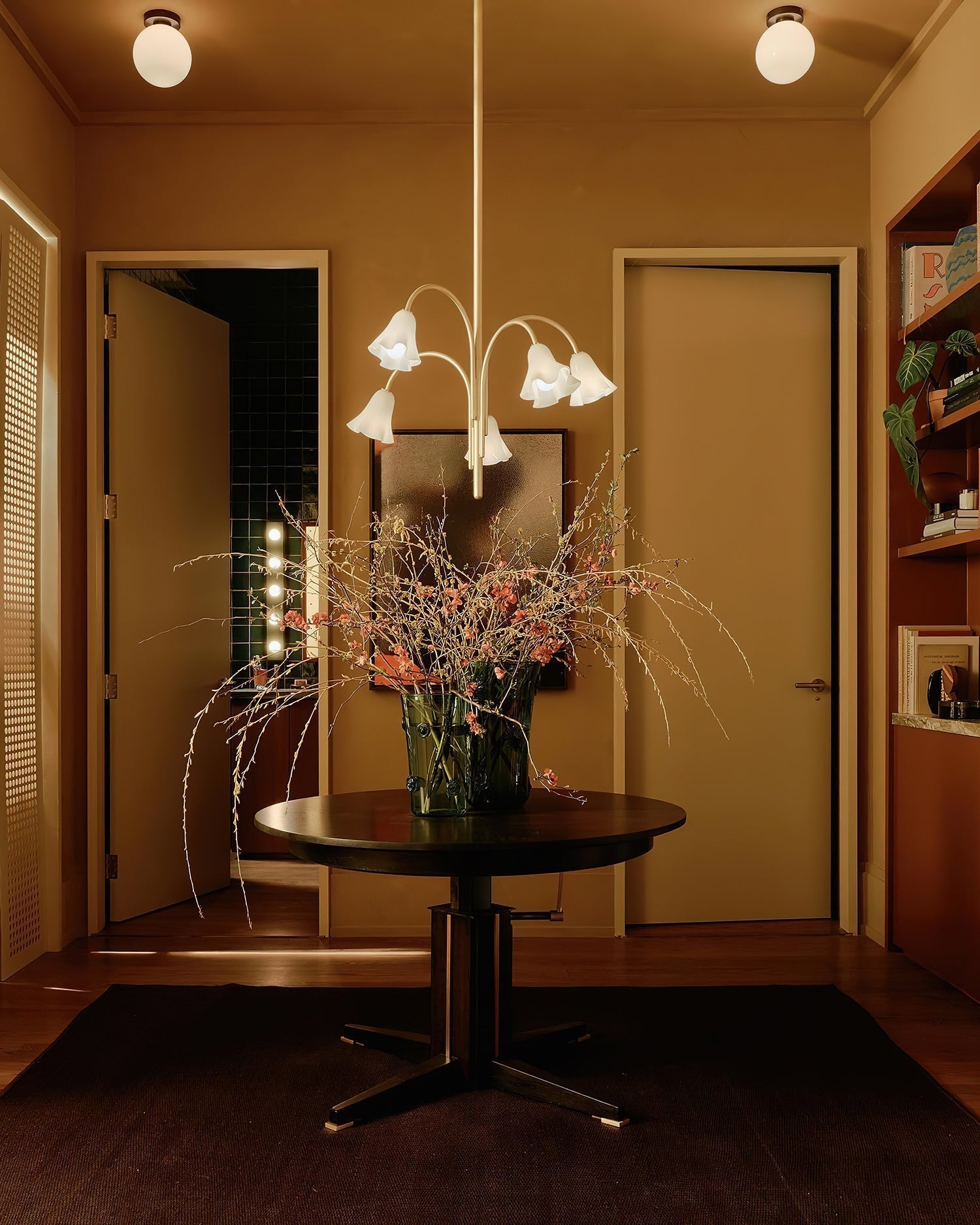 Chandelier Flower-Shaped Glass Shades on Gold Metal Arms for Dining