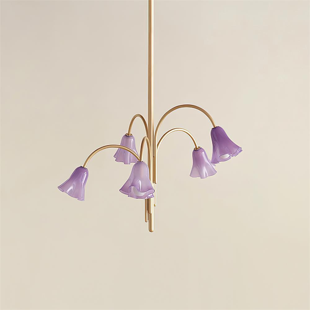 Chandelier Flower-Shaped Glass Shades on Gold Metal Arms for Dining