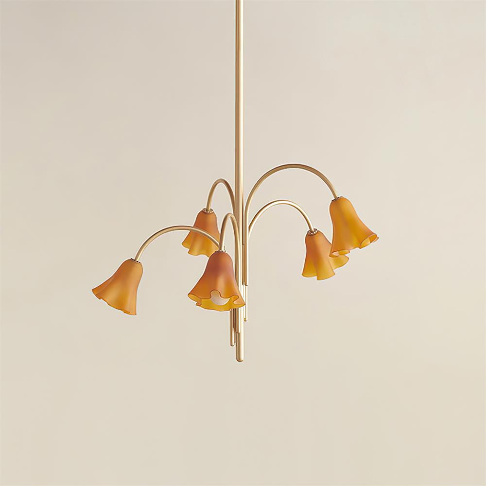 Chandelier Flower-Shaped Glass Shades on Gold Metal Arms for Dining