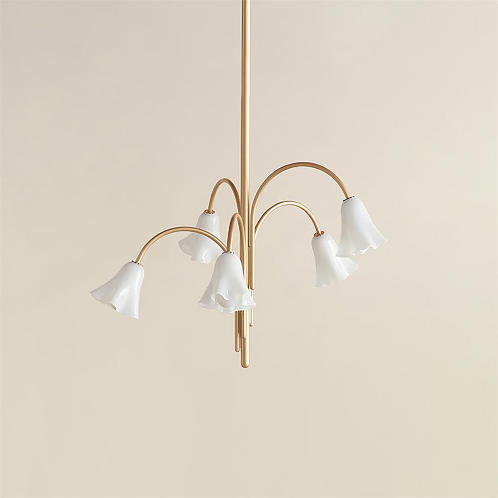 Chandelier Flower-Shaped Glass Shades on Gold Metal Arms for Dining