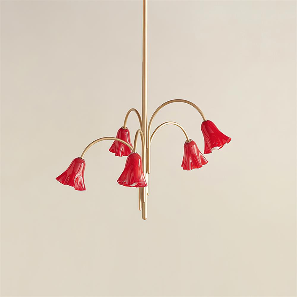 Chandelier Flower-Shaped Glass Shades on Gold Metal Arms for Dining