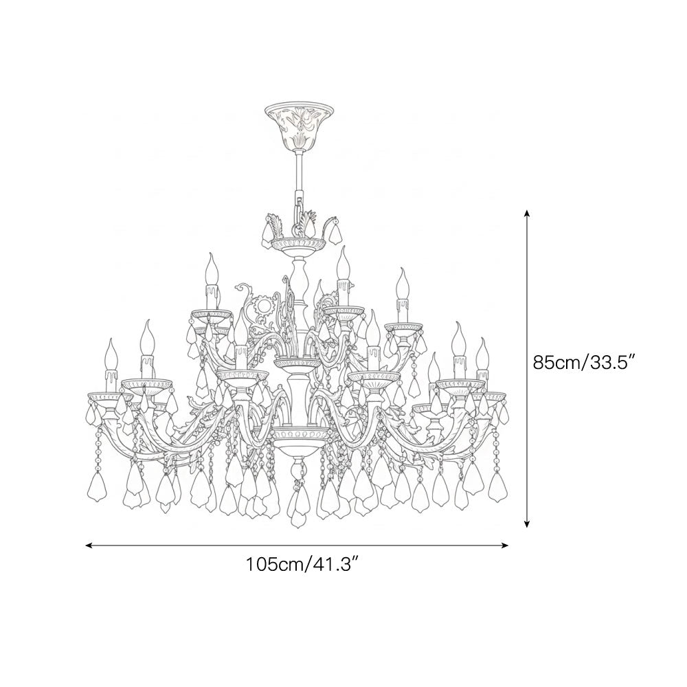 Angled view highlighting the multiple tiers of crystal and candelabra lights.