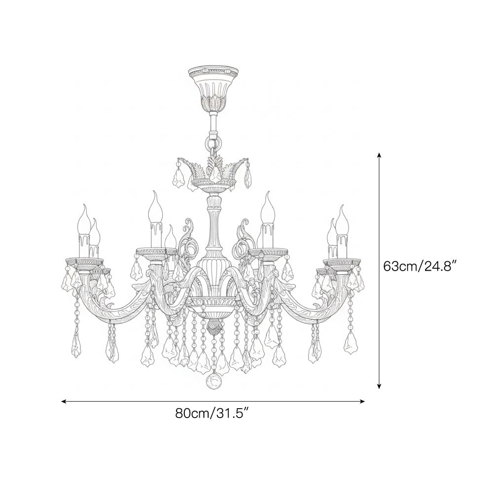 The Versailles Crystal Chandelier lit up in a luxurious living room setting.