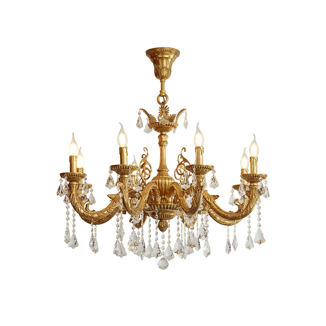 Front view of the Versailles Crystal Chandelier showcasing its brass frame and crystal details.