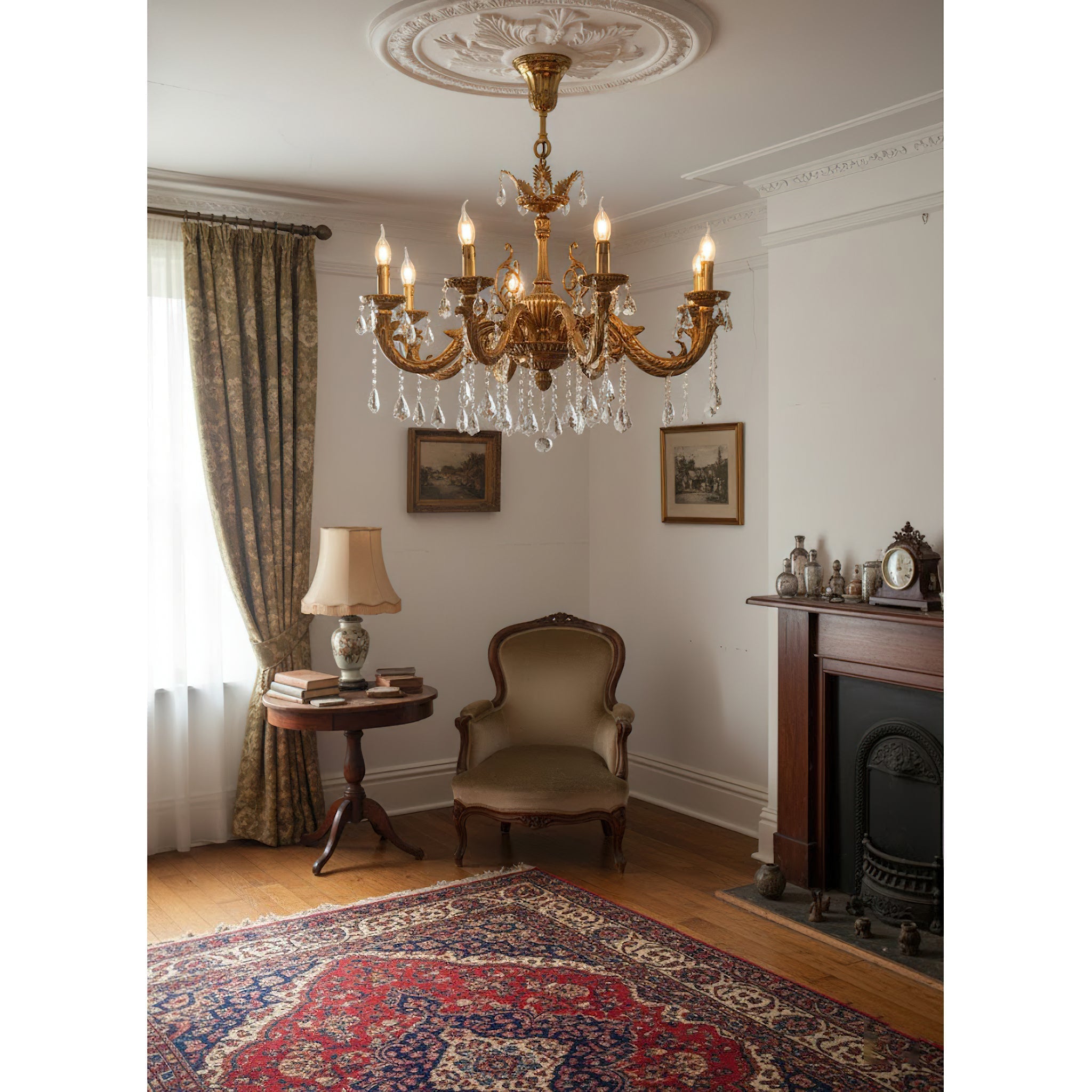 The fluted base bowl and decorative finial at the bottom of the chandelier.