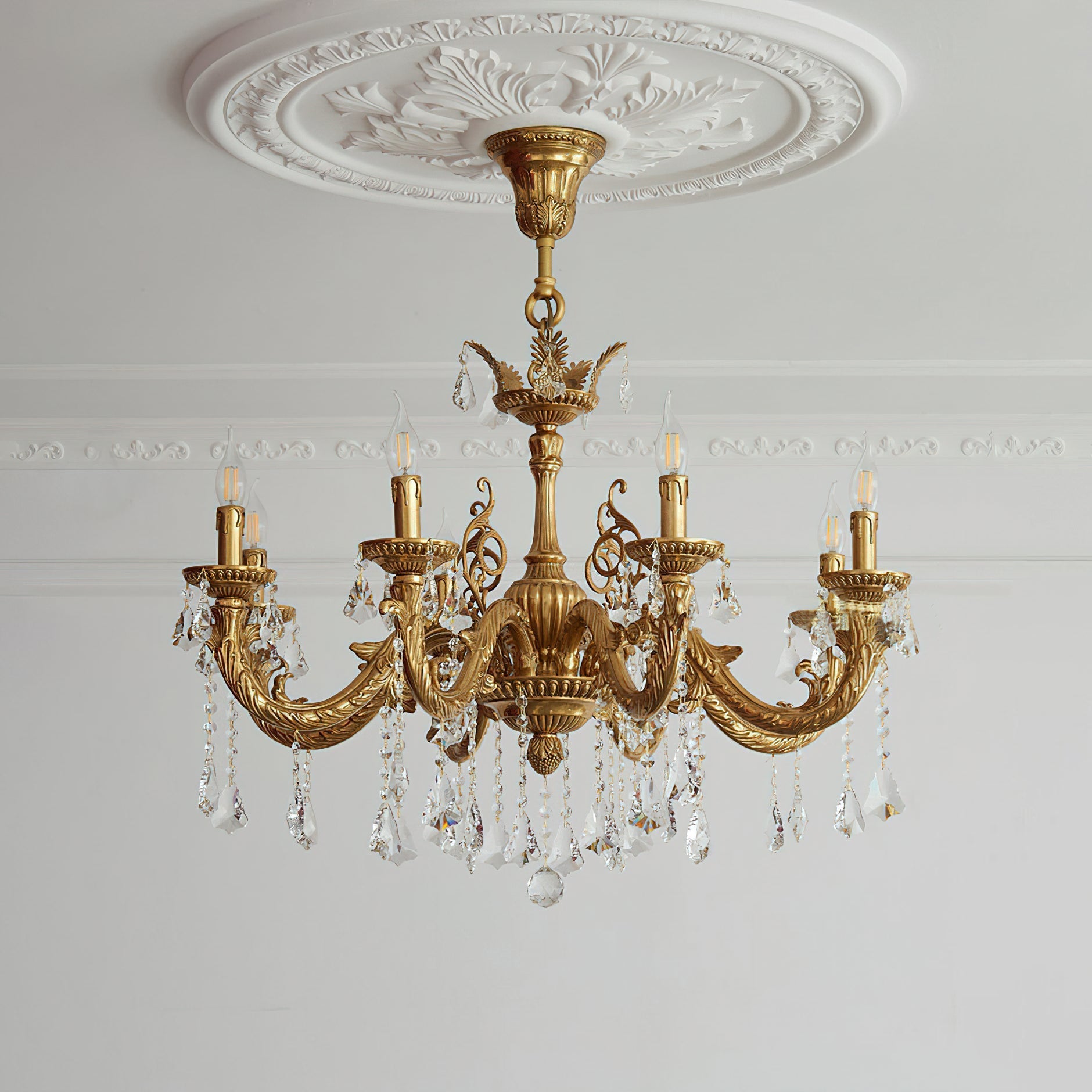 Lifestyle photo of the chandelier in a Hollywood Regency style interior.