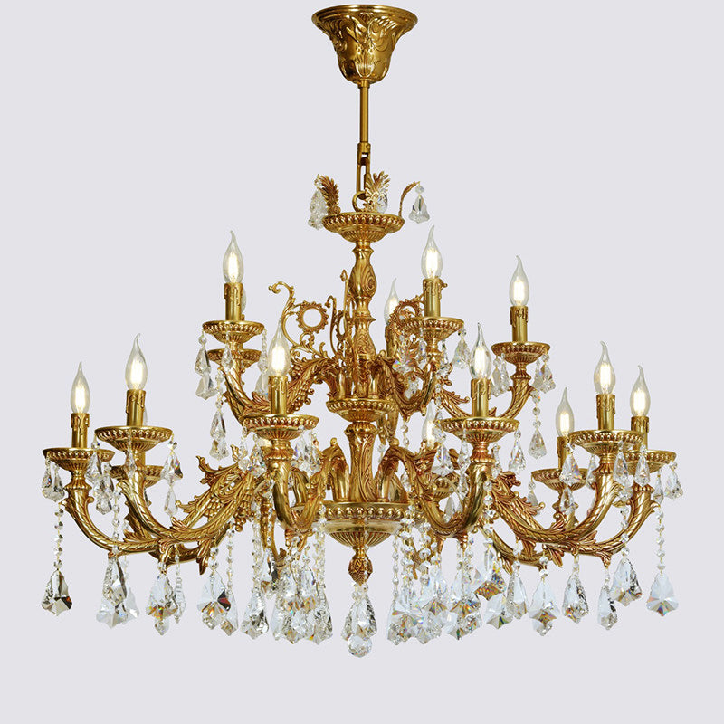 The chandelier unlit, displaying its intricate form and materials.