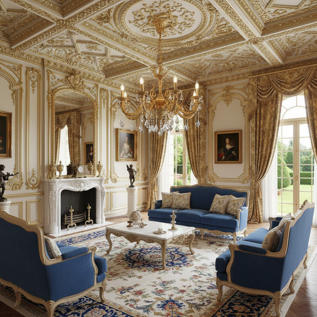 The 8-head Versailles Chandelier in a grand entryway with high ceilings.