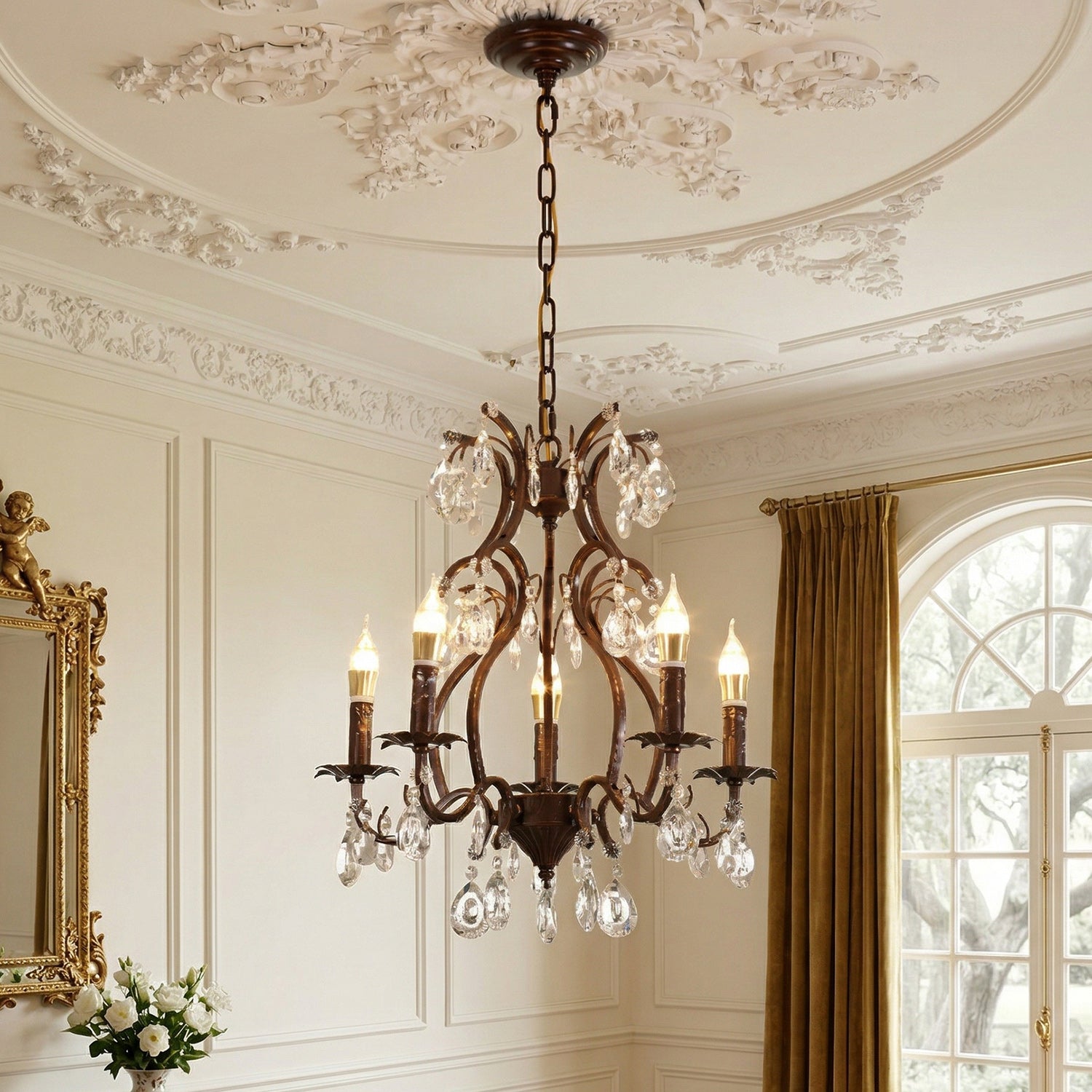 Close-up of the cascading faceted crystals on the Vesper Chandelier.
