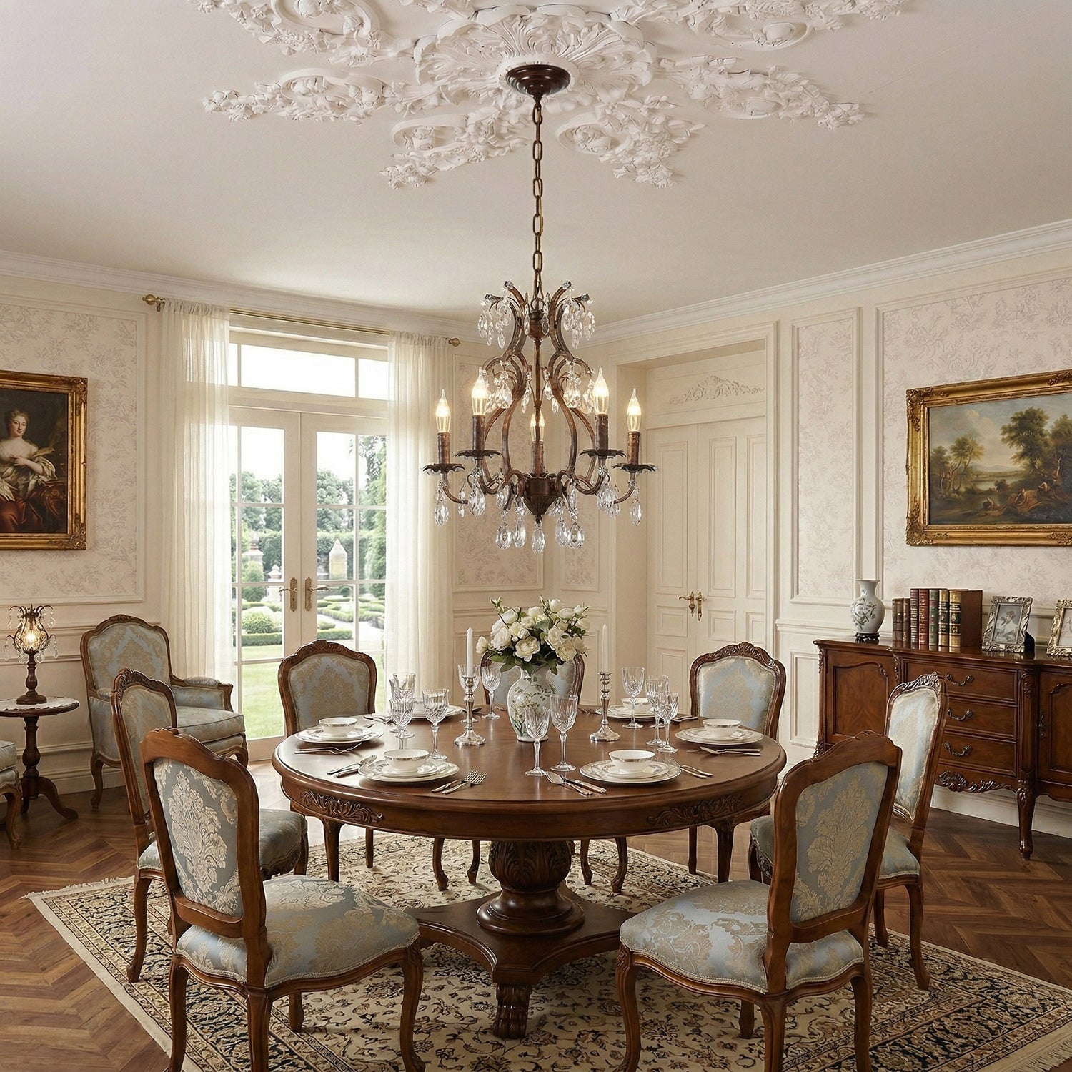 Vesper Crystal Chandelier viewed from a low angle, highlighting its structure.