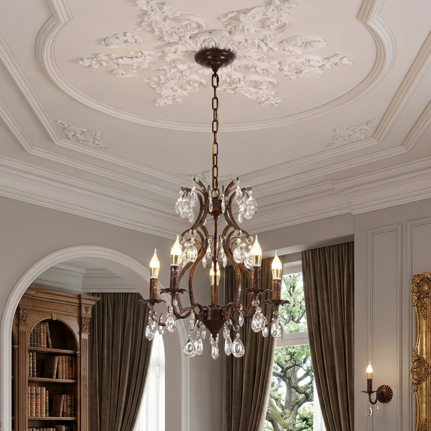 Ambient shot of the Vesper Chandelier illuminated in a room.