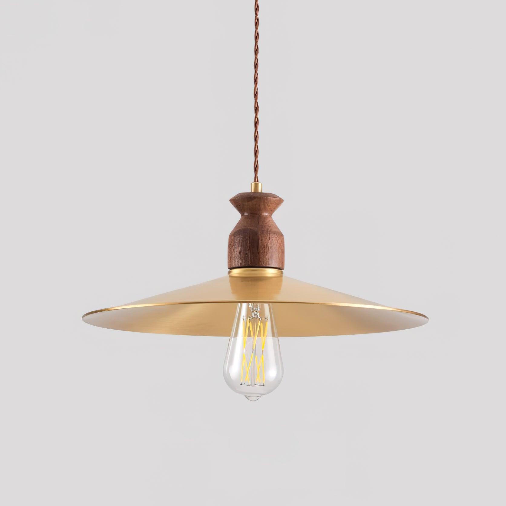 Pendant Lamp Scalloped Brass Shade Walnut Wood Vintage