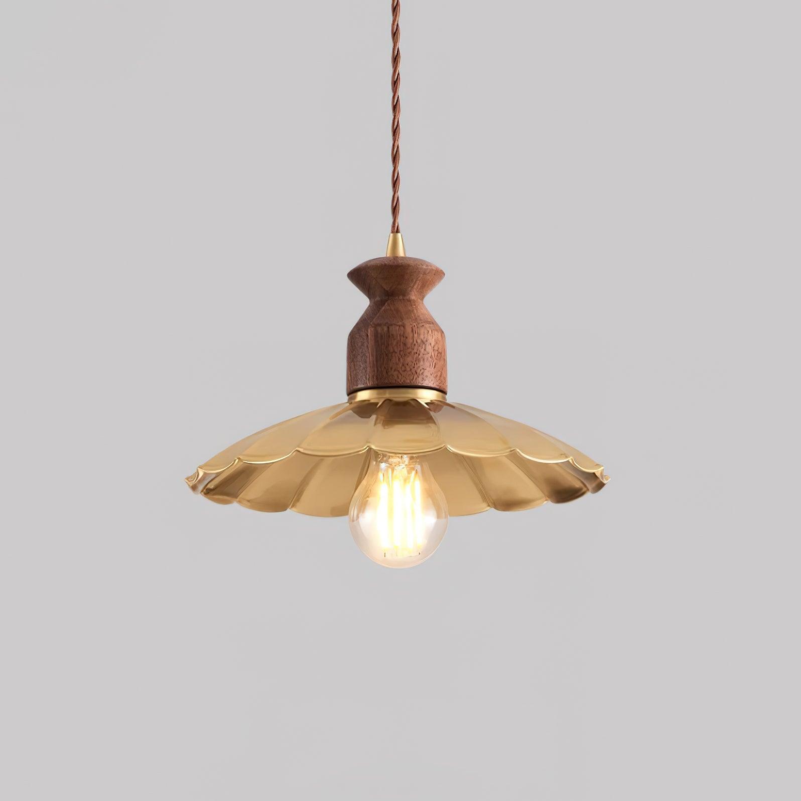 Pendant Lamp Scalloped Brass Shade Walnut Wood Vintage