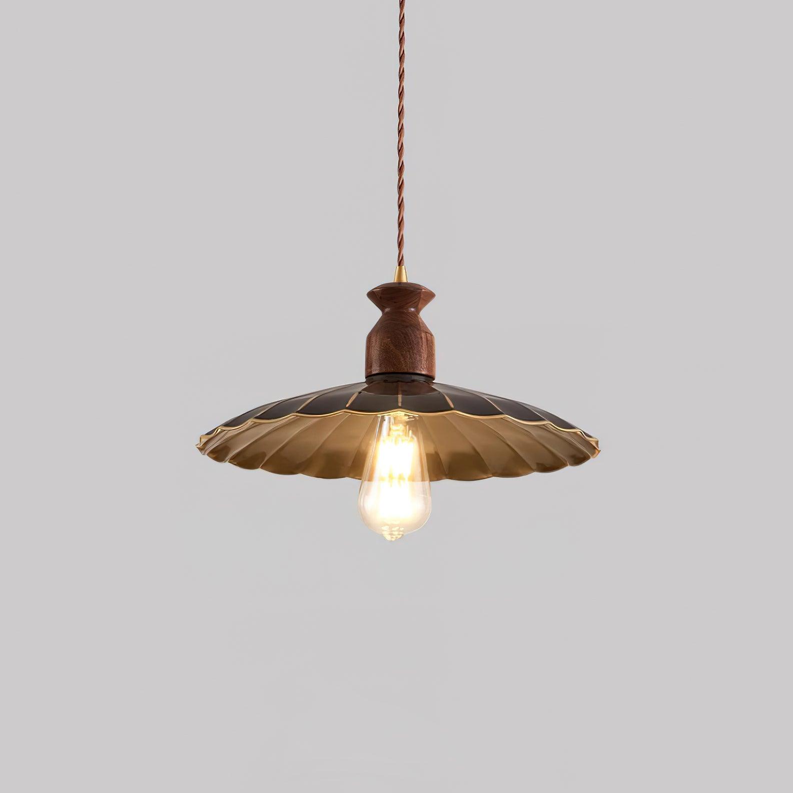 Pendant Lamp Scalloped Brass Shade Walnut Wood Vintage