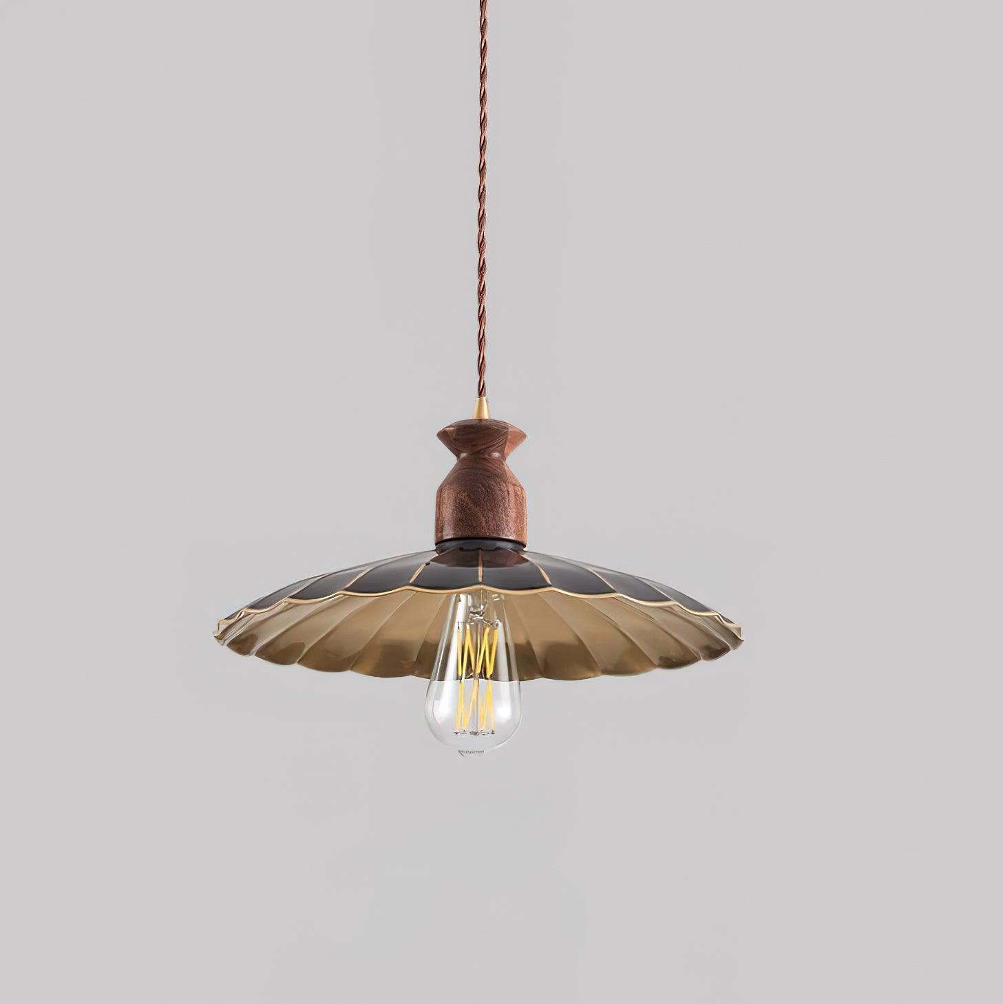 Pendant Lamp Scalloped Brass Shade Walnut Wood Vintage