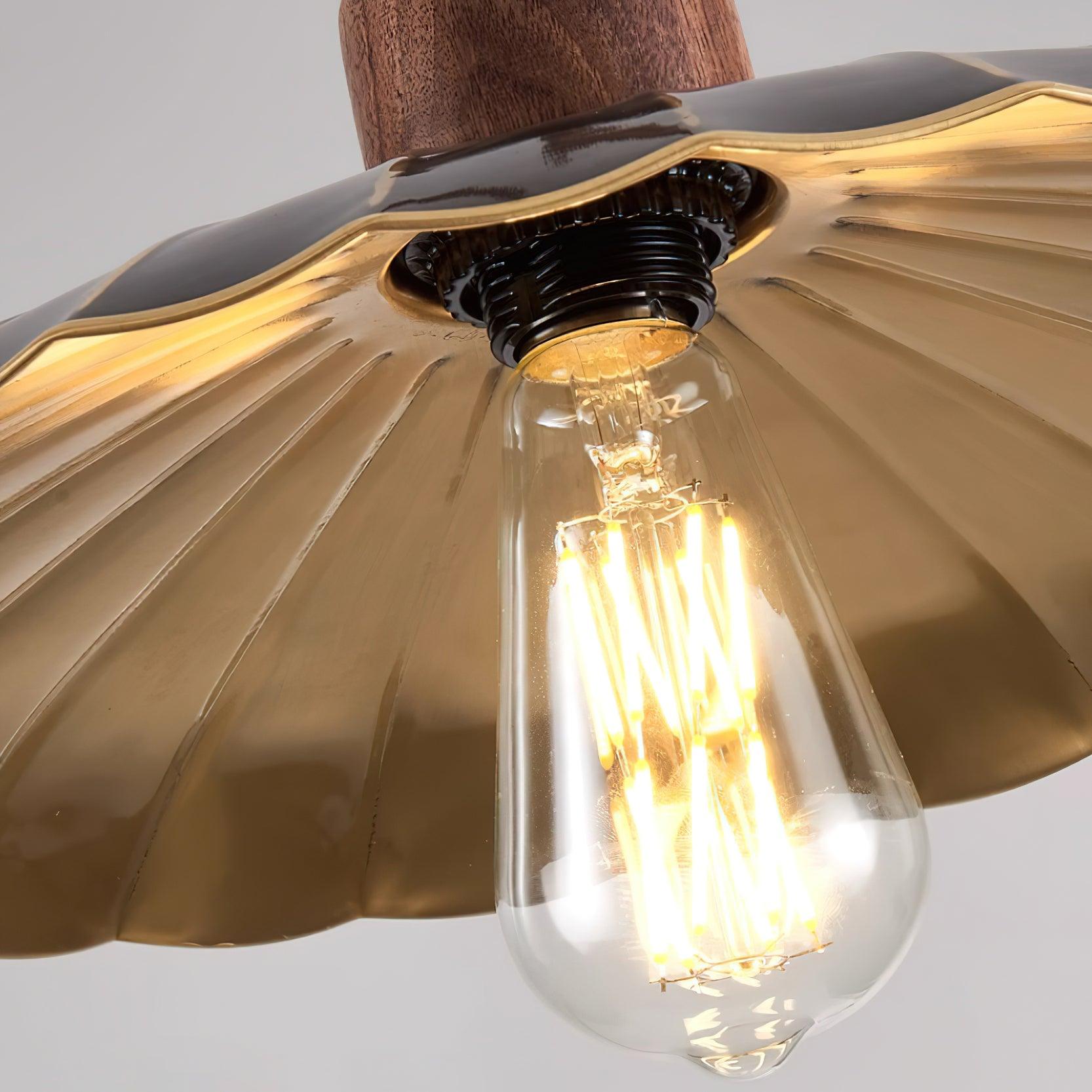 Pendant Lamp Scalloped Brass Shade Walnut Wood Vintage