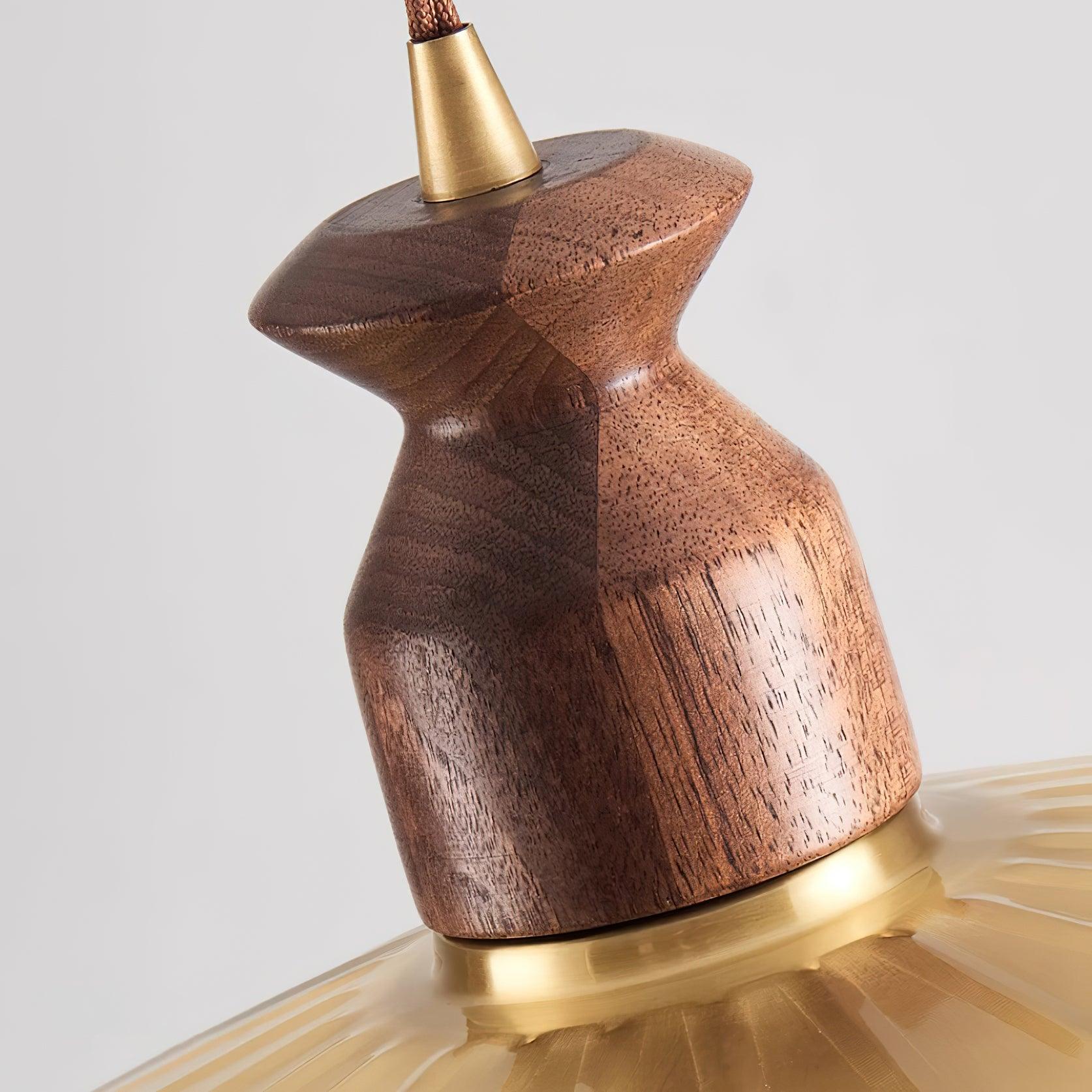 Pendant Lamp Scalloped Brass Shade Walnut Wood Vintage