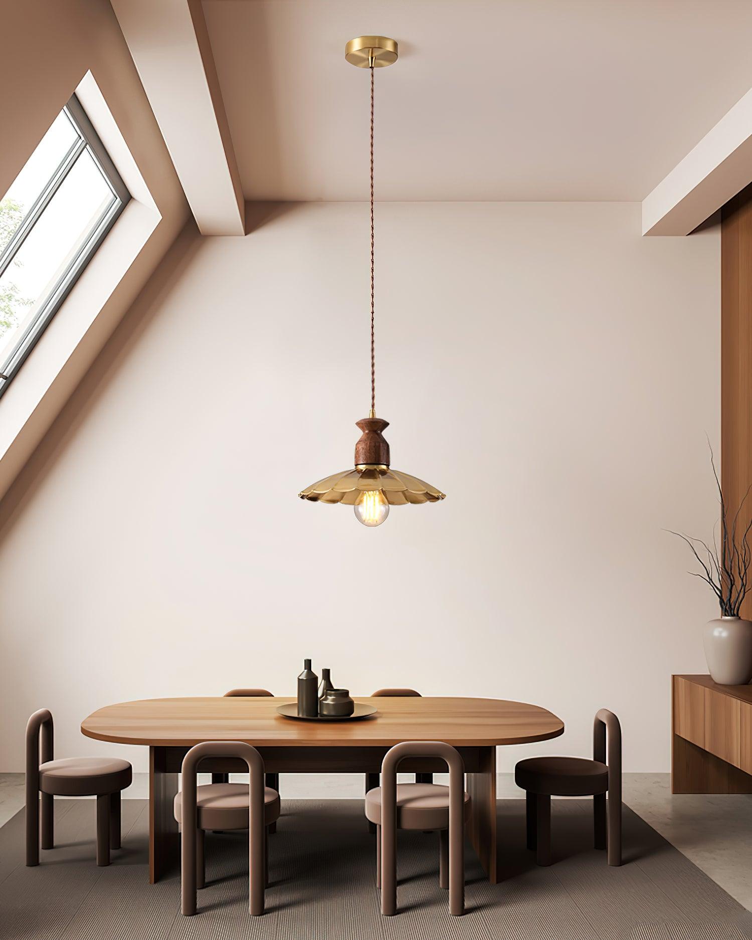 Pendant Lamp Scalloped Brass Shade Walnut Wood Vintage