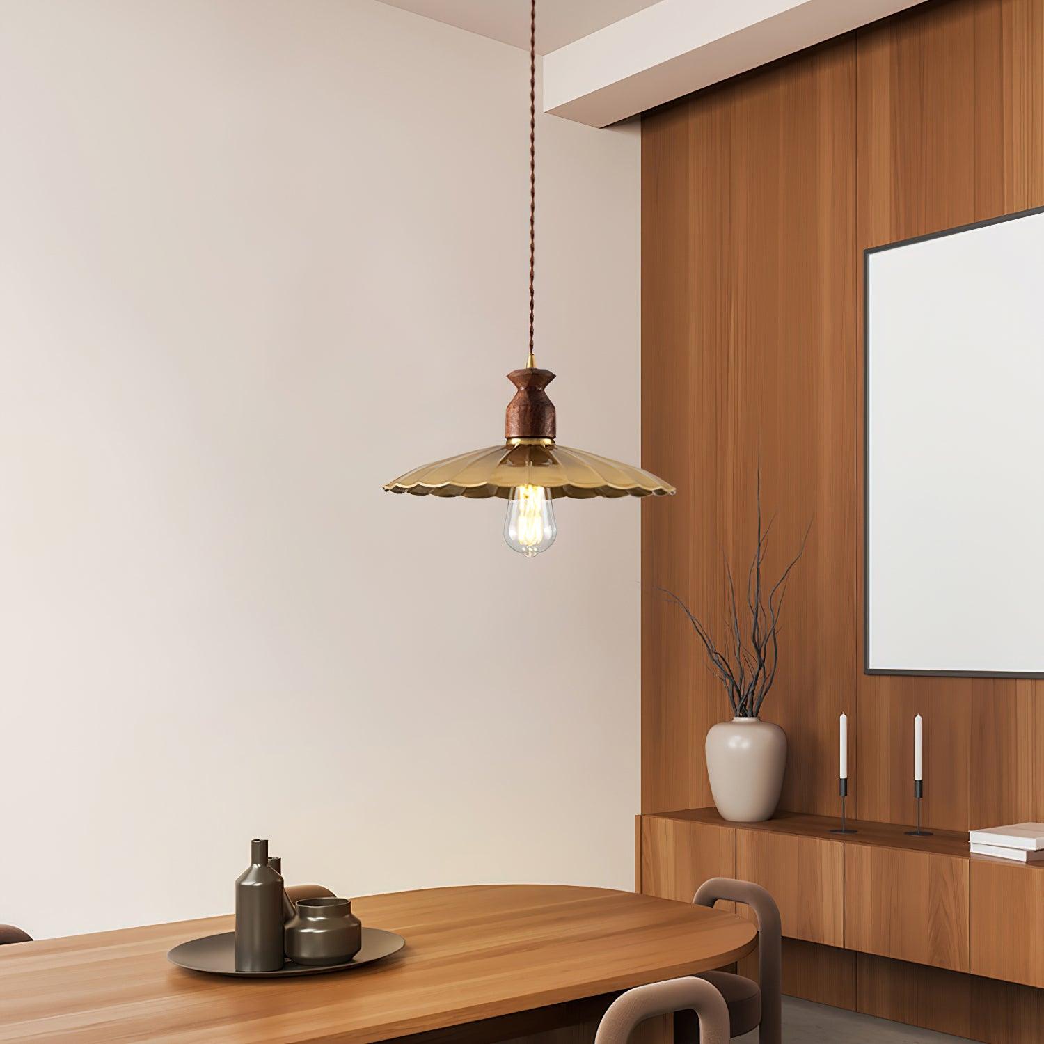 Pendant Lamp Scalloped Brass Shade Walnut Wood Vintage