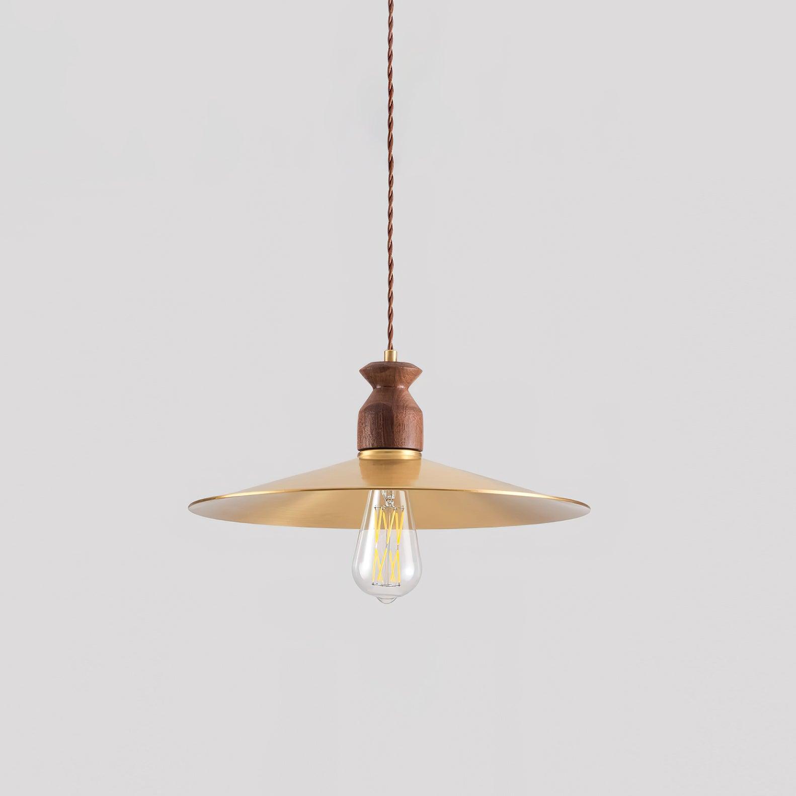 Pendant Lamp Scalloped Brass Shade Walnut Wood Vintage