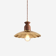 Pendant Lamp Scalloped Brass Shade Walnut Wood Vintage