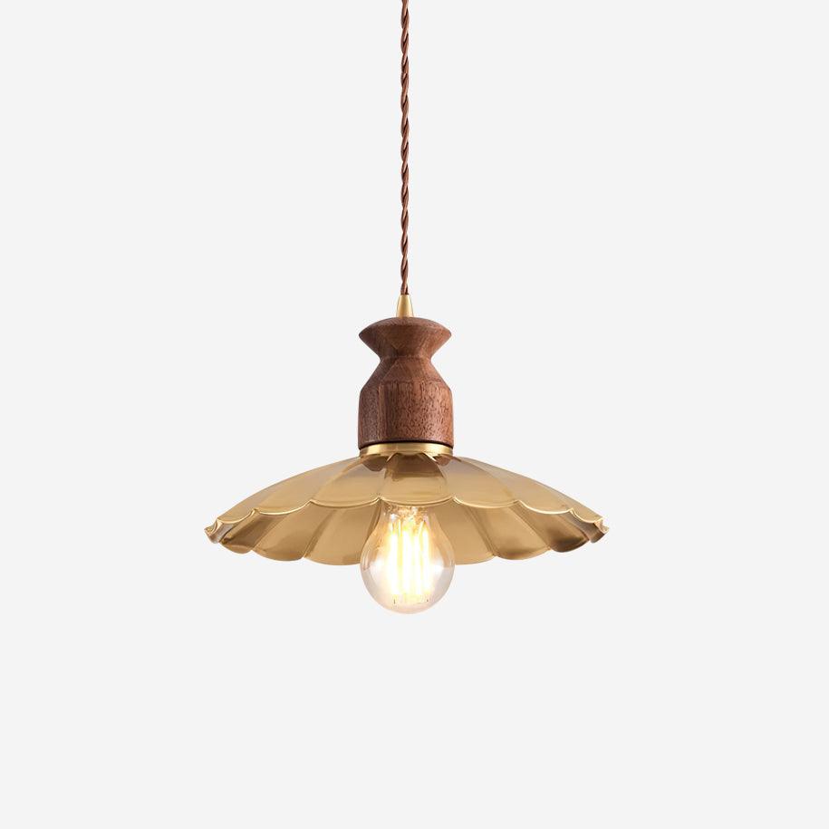 Pendant Lamp Scalloped Brass Shade Walnut Wood Vintage