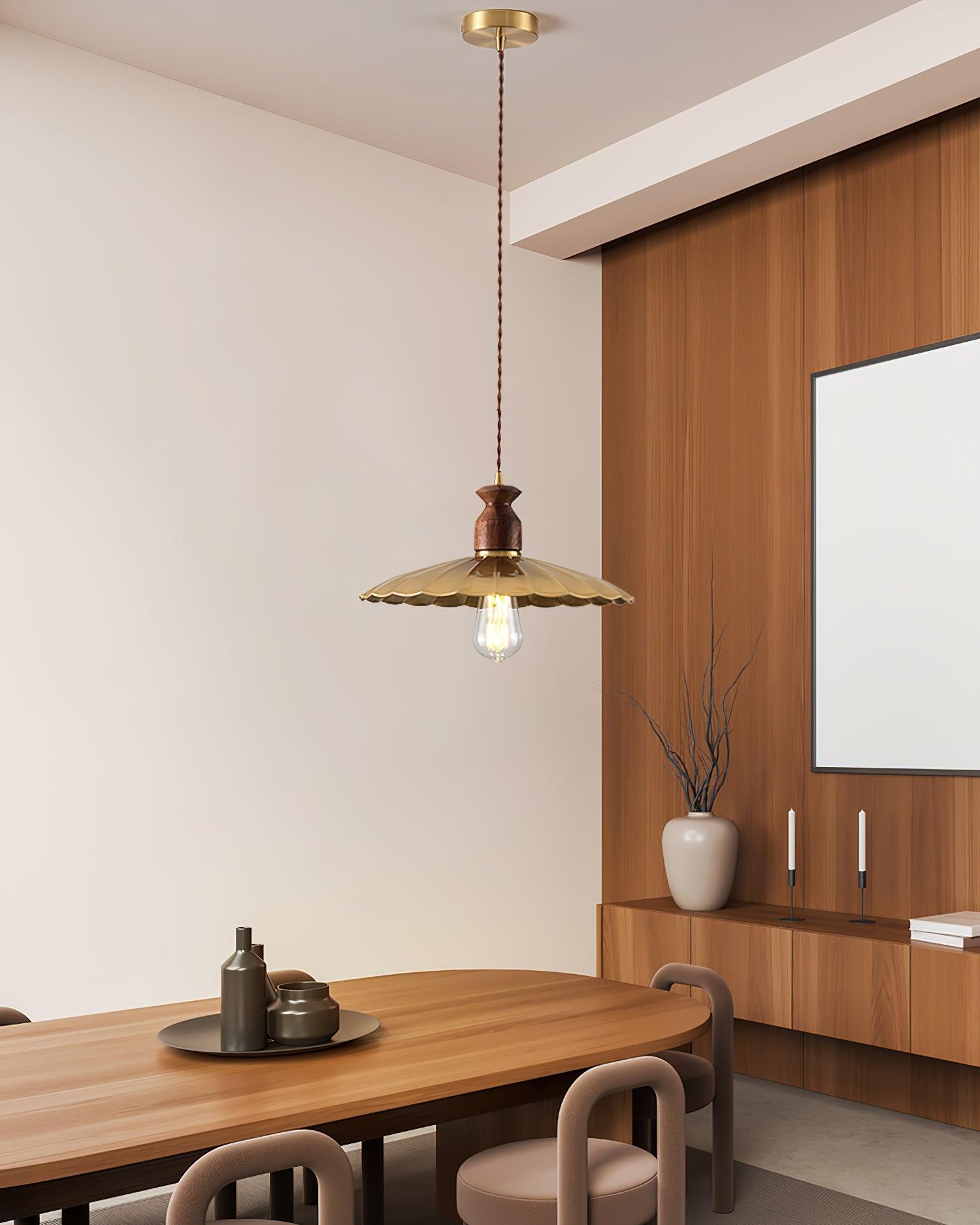 Pendant Lamp Scalloped Brass Shade Walnut Wood Vintage