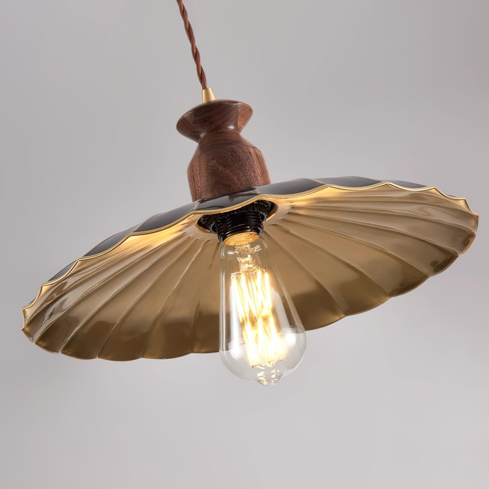 Pendant Lamp Scalloped Brass Shade Walnut Wood Vintage