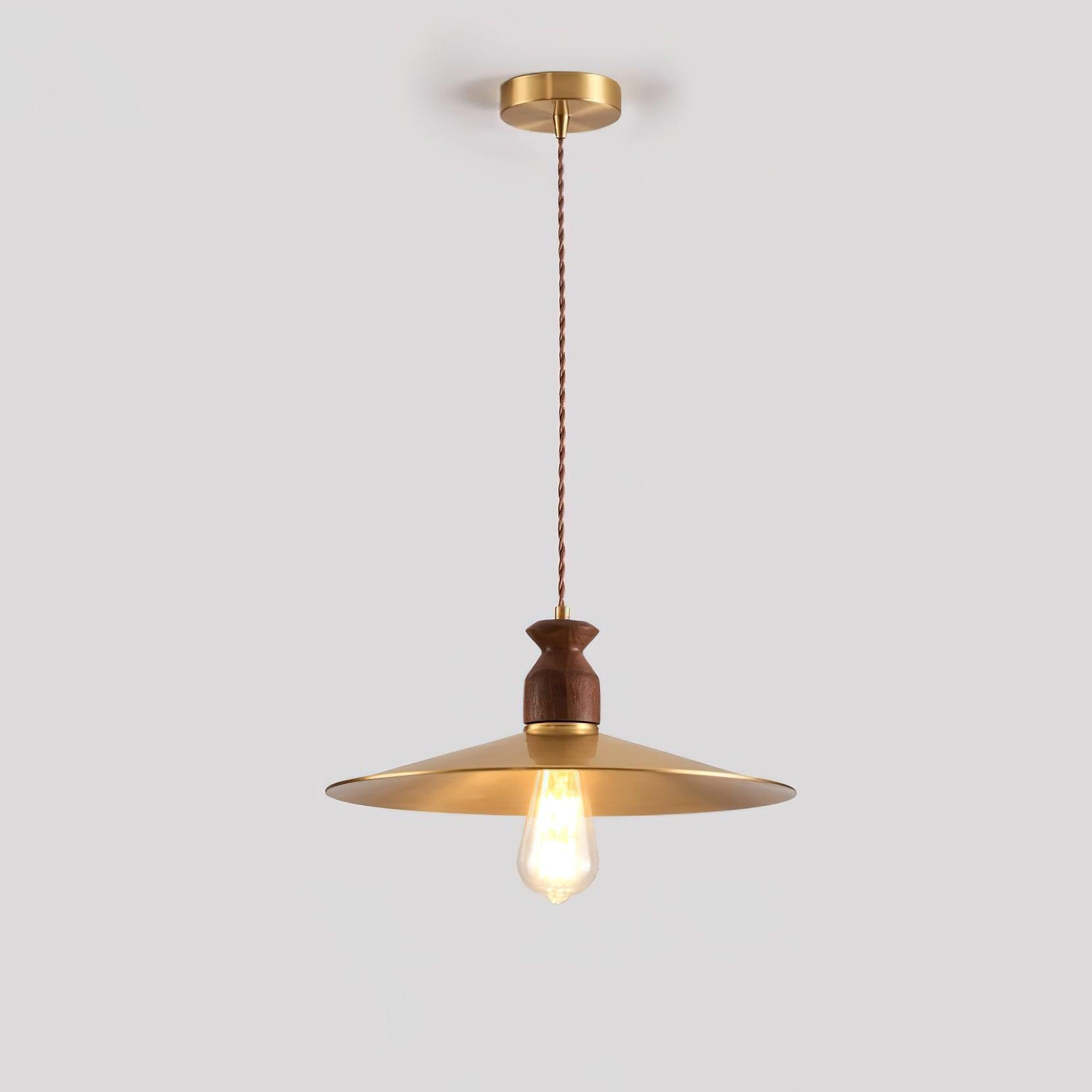 Pendant Lamp Scalloped Brass Shade Walnut Wood Vintage