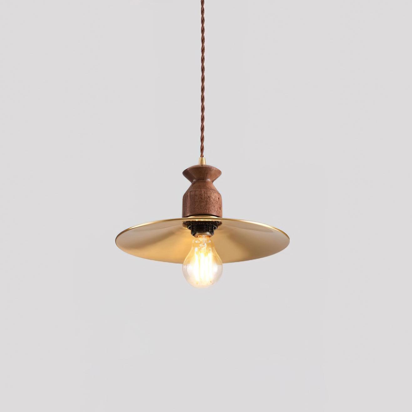 Pendant Lamp Scalloped Brass Shade Walnut Wood Vintage