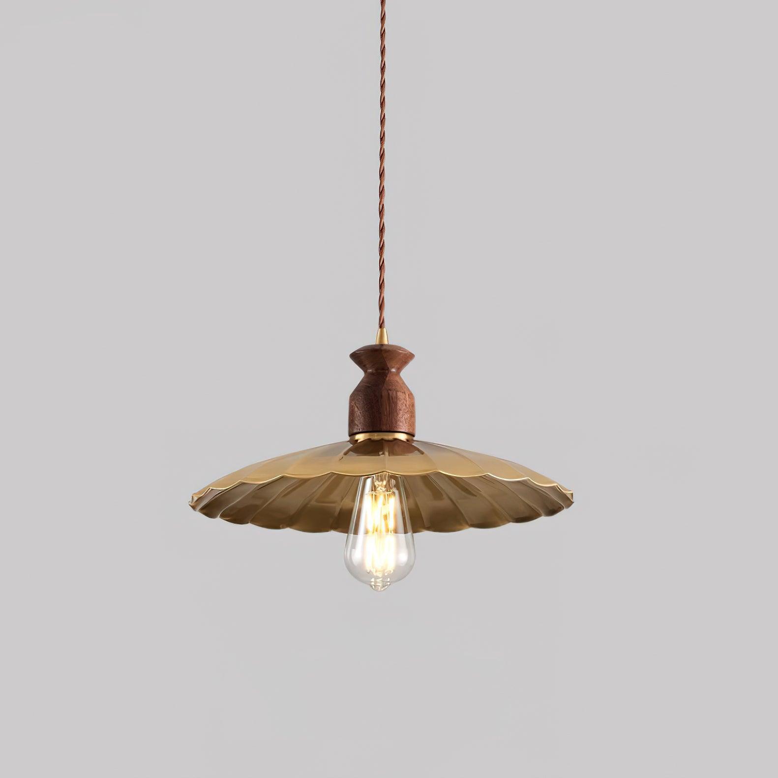 Pendant Lamp Scalloped Brass Shade Walnut Wood Vintage