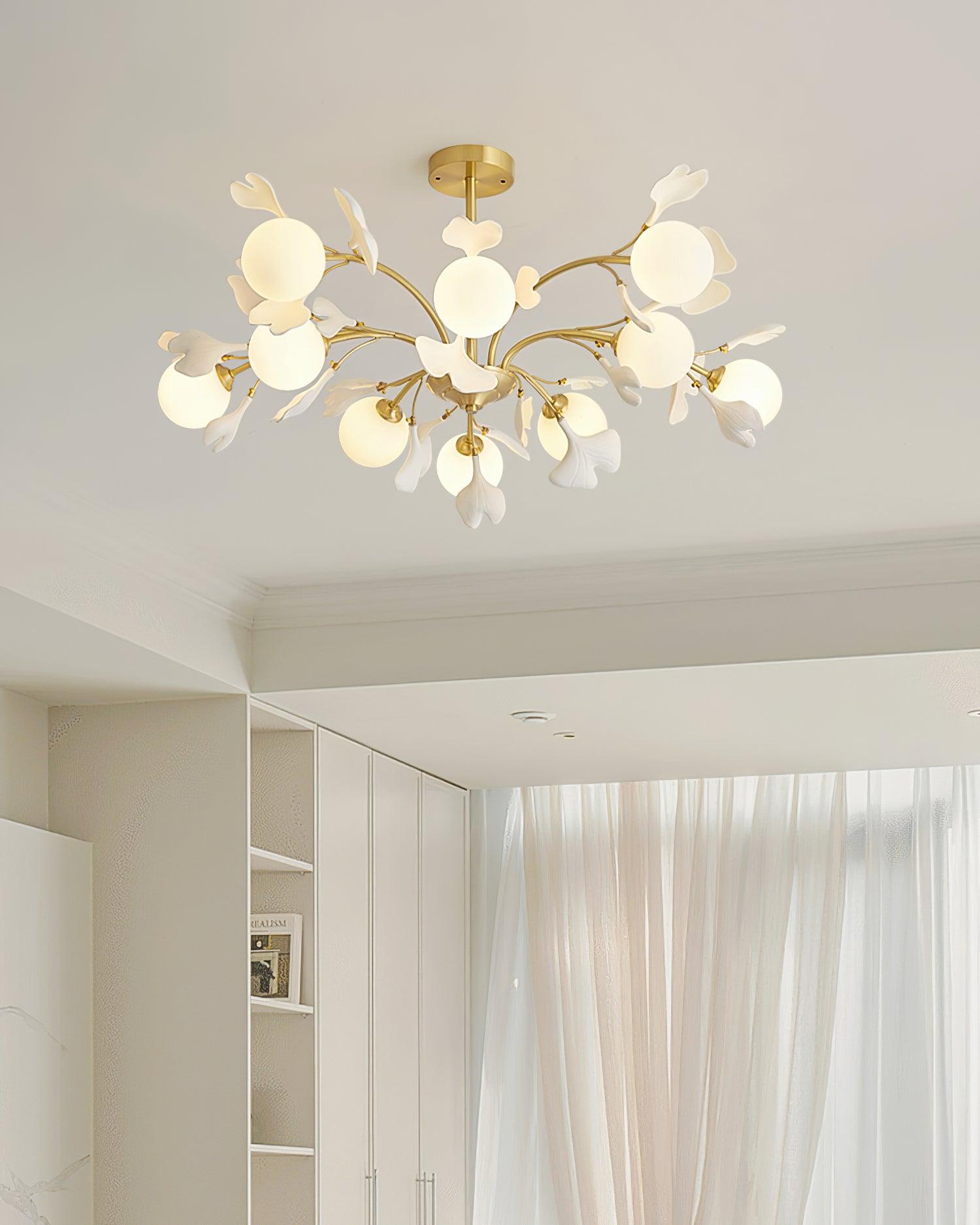 Ginkgo Leaf Chandelier with Frosted Glass Globes