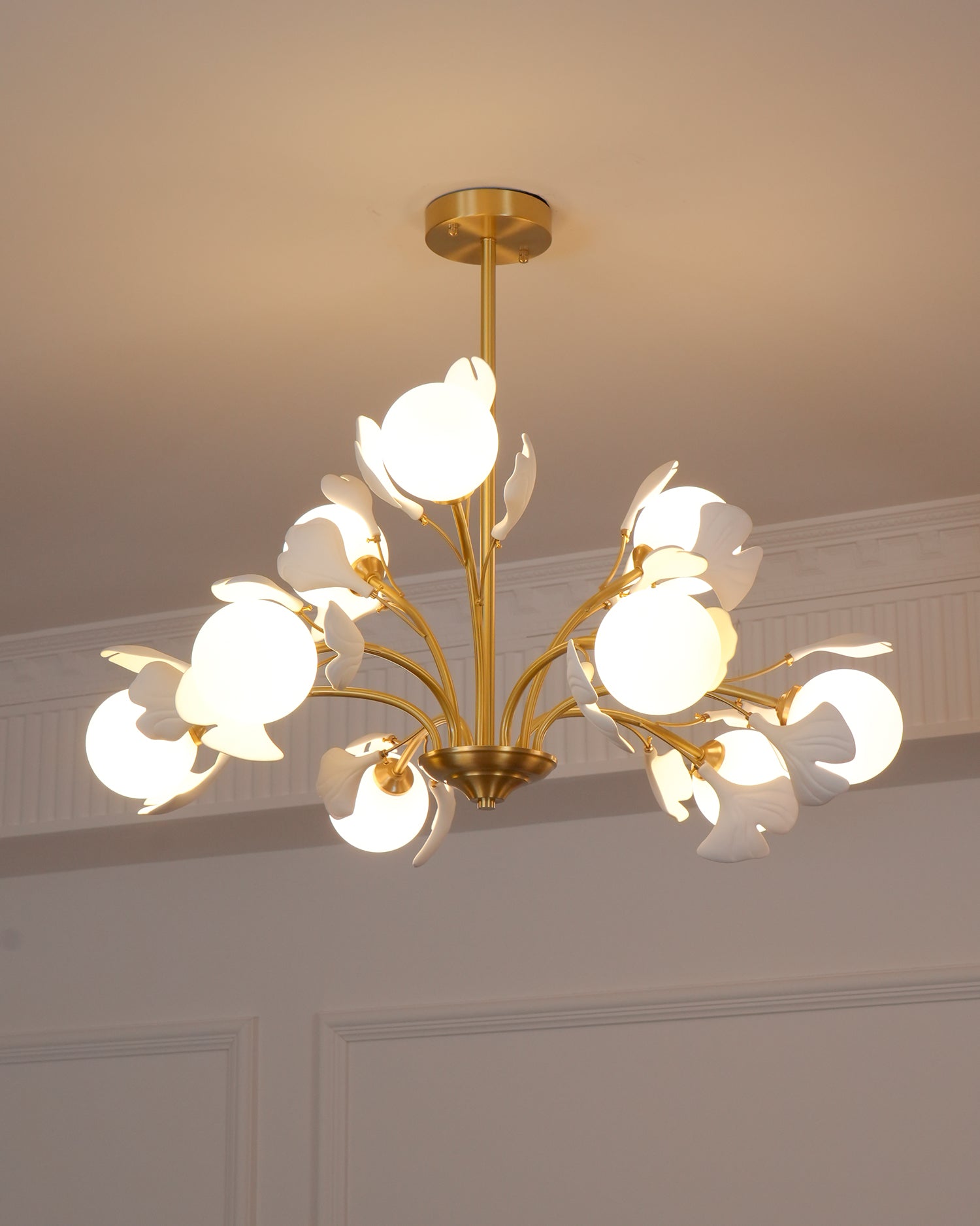 Ginkgo Leaf Chandelier with Frosted Glass Globes