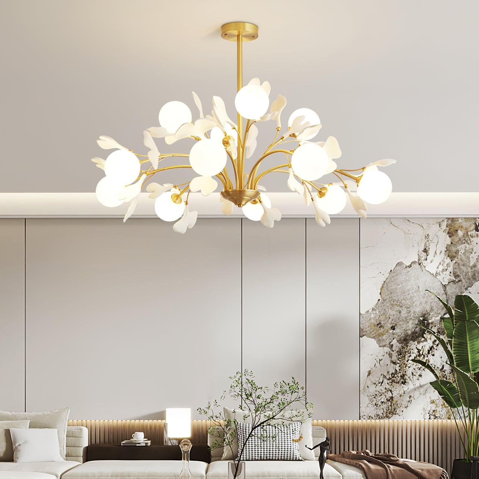 Ginkgo Leaf Chandelier with Frosted Glass Globes