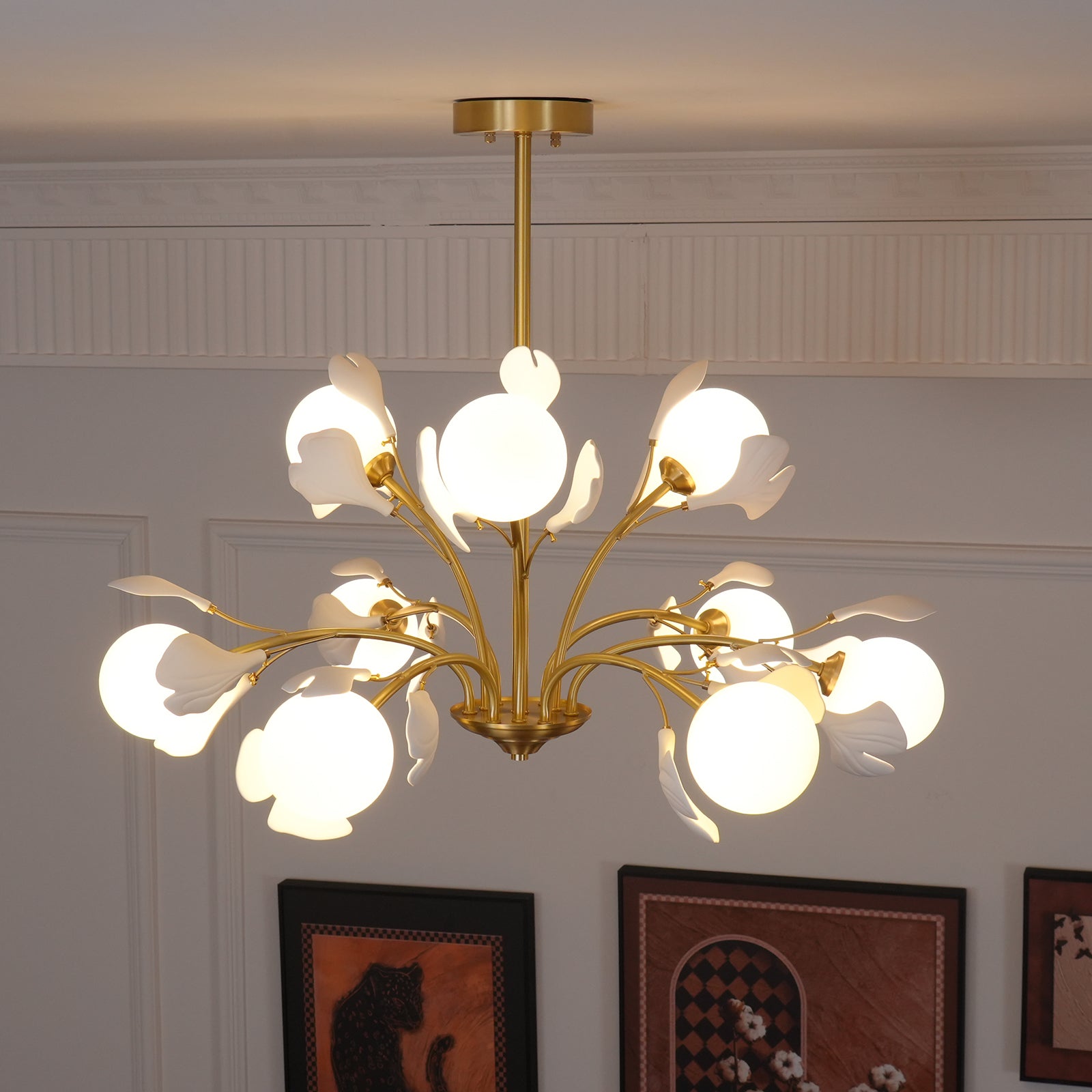 Ginkgo Leaf Chandelier with Frosted Glass Globes