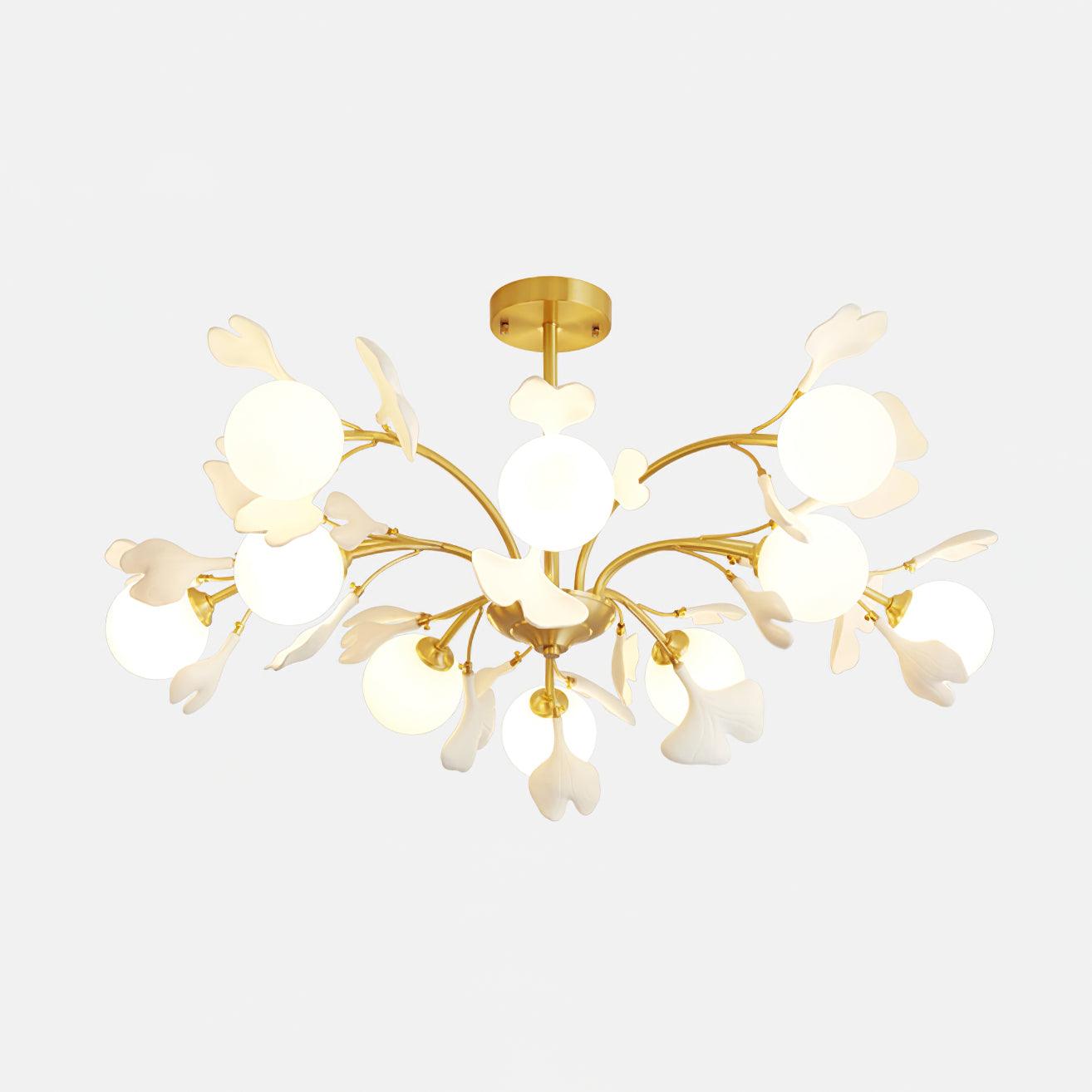 Ginkgo Leaf Chandelier with Frosted Glass Globes
