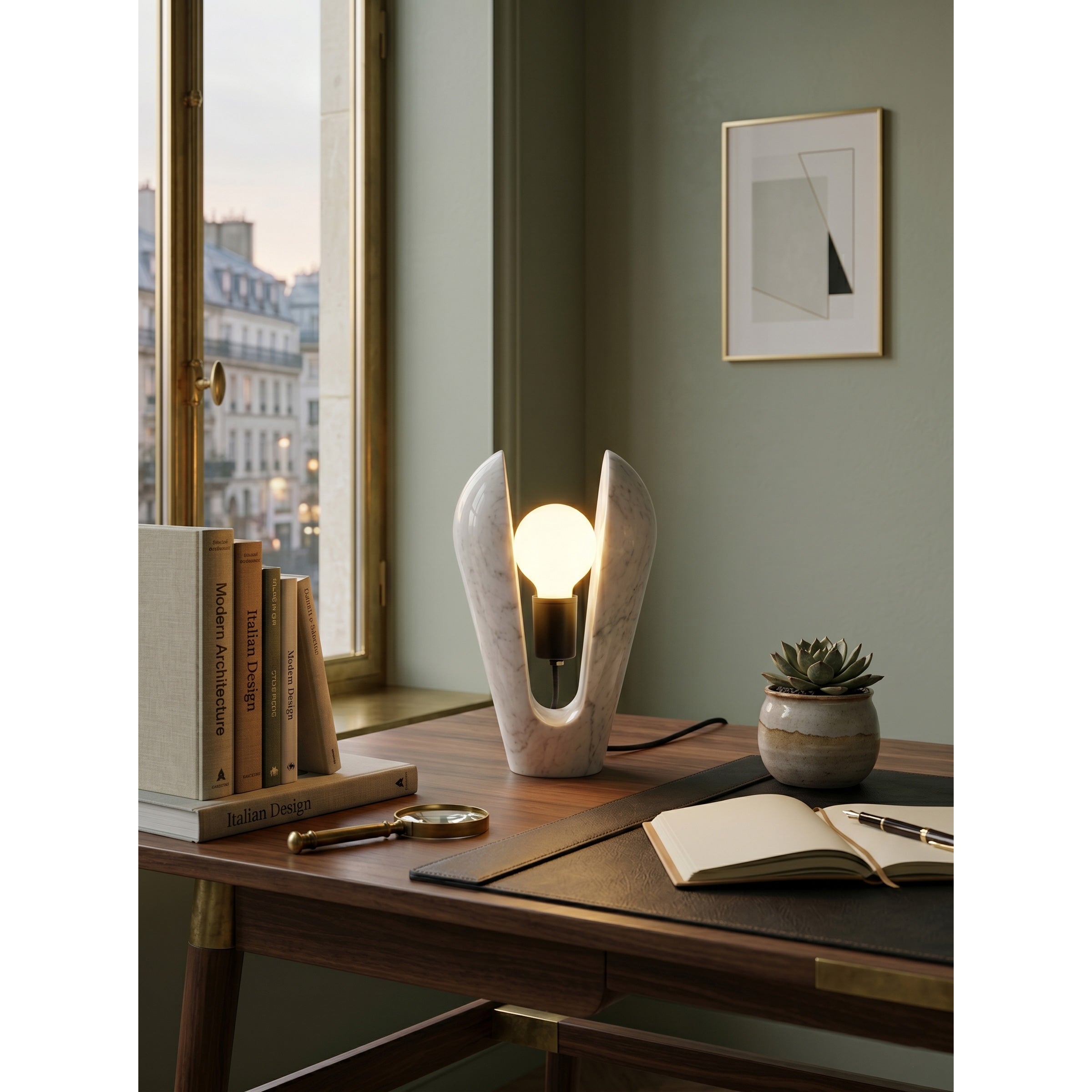 The Victoire Marble Table Lamp styled on an entryway console table.