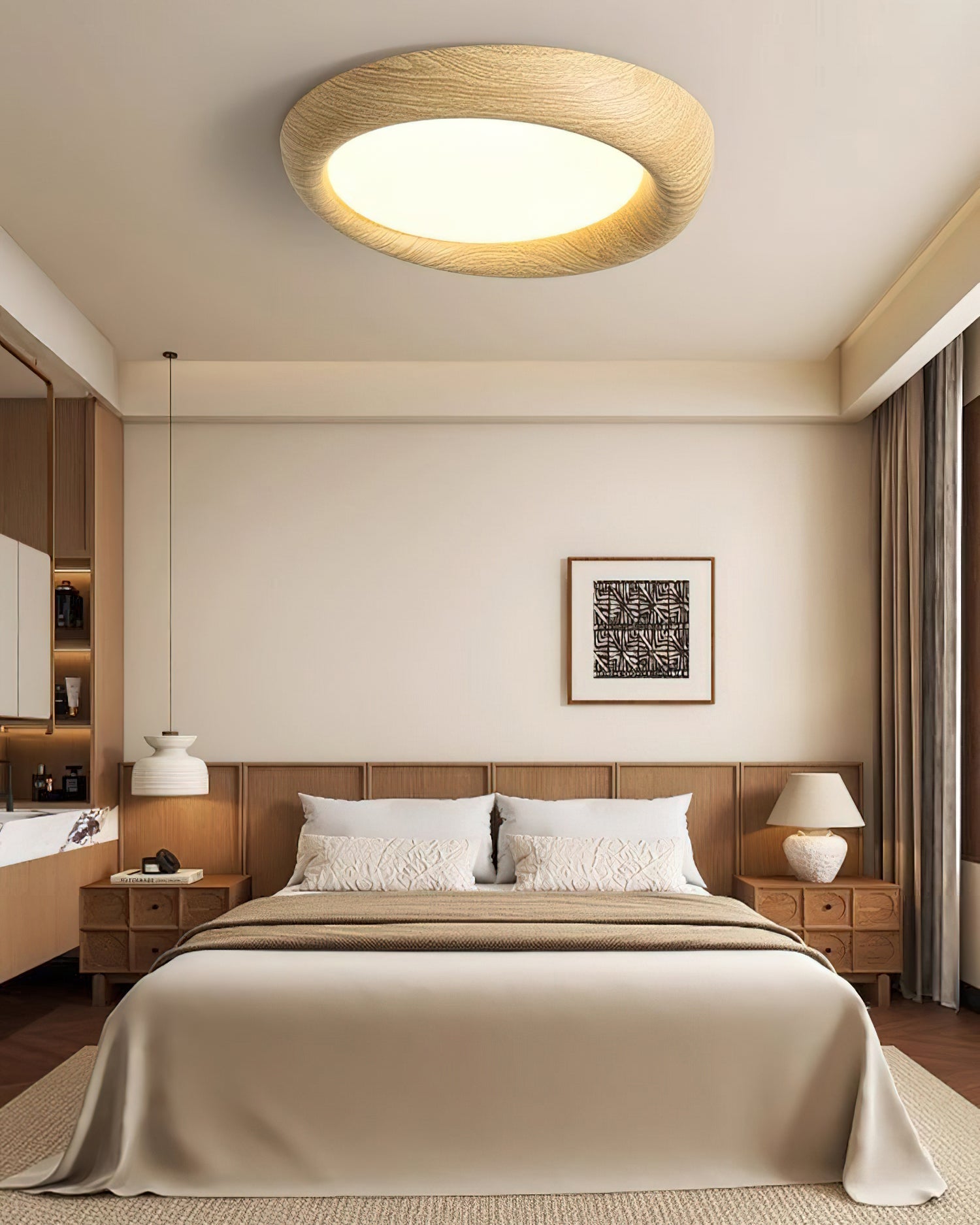 Vikaey Ceiling Light in walnut finish, angled view.