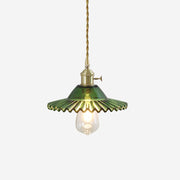 Pendant Lamp Ruffled Glass Shade Scalloped Edge Brass Accents Retro