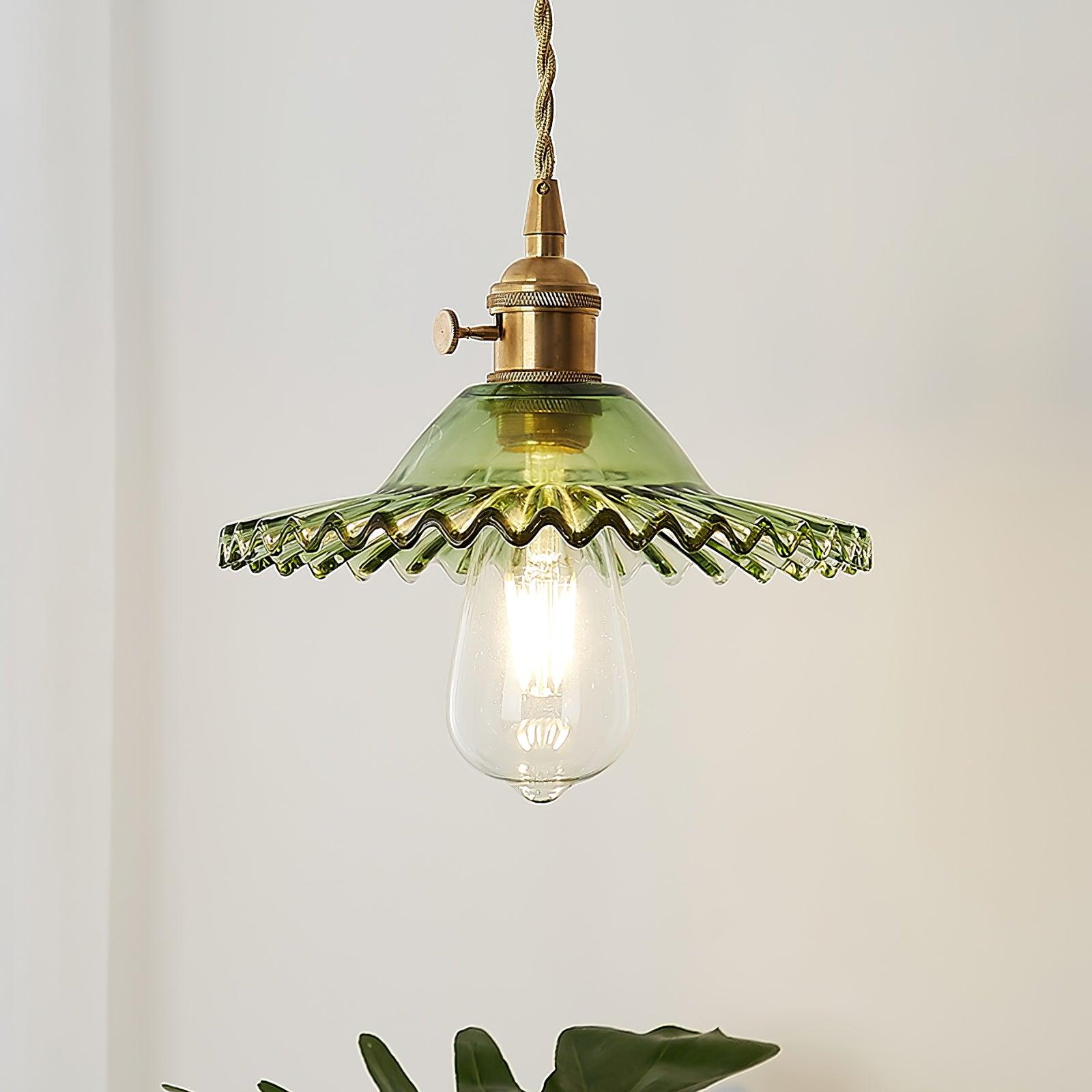 Pendant Lamp Ruffled Glass Shade Scalloped Edge Brass Accents Retro