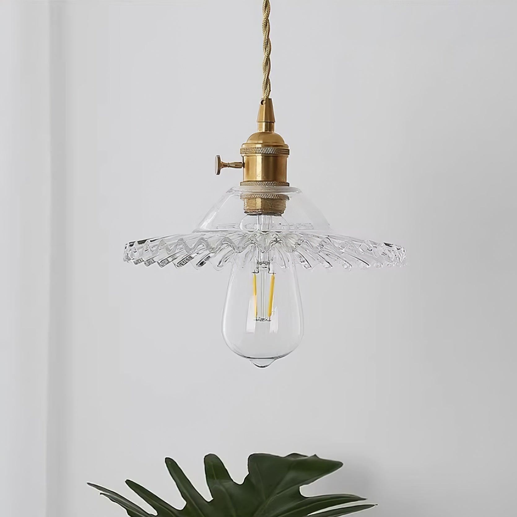 Pendant Lamp Ruffled Glass Shade Scalloped Edge Brass Accents Retro