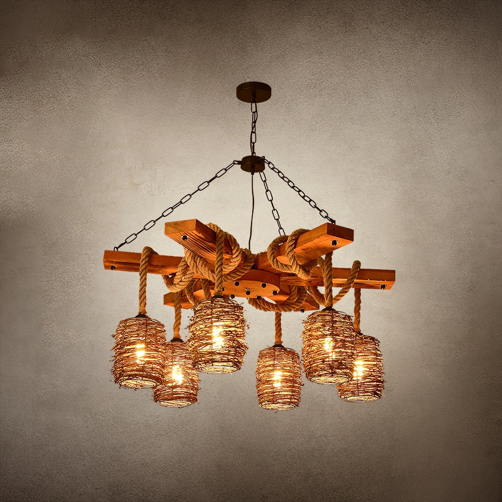 Lustra Chandelier Vintage Farmhouse Rattan Wooden-Neutral Decor