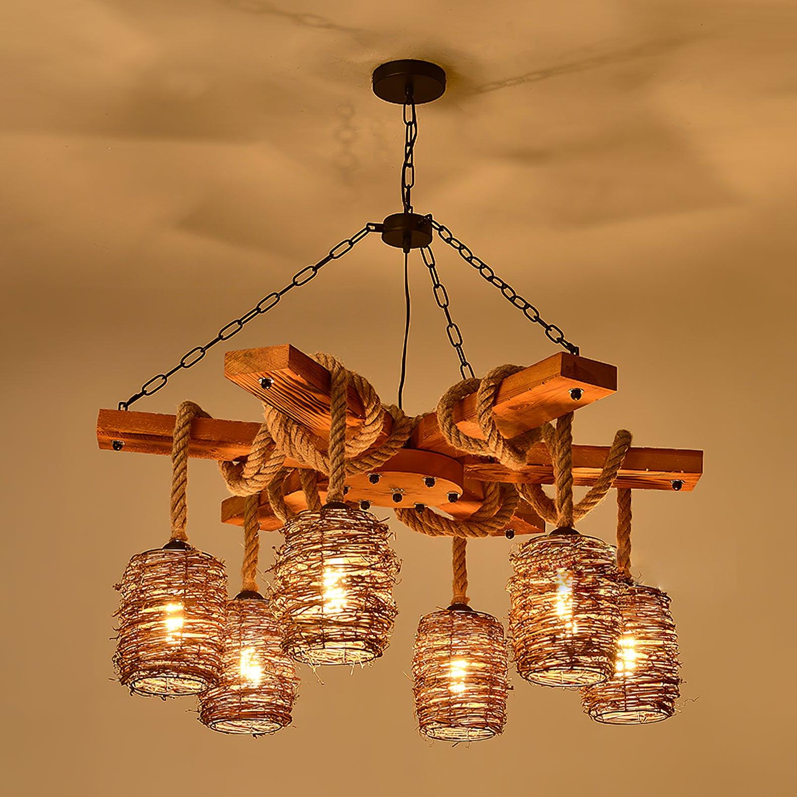 Lustra Chandelier Vintage Farmhouse Rattan Wooden-Neutral Decor