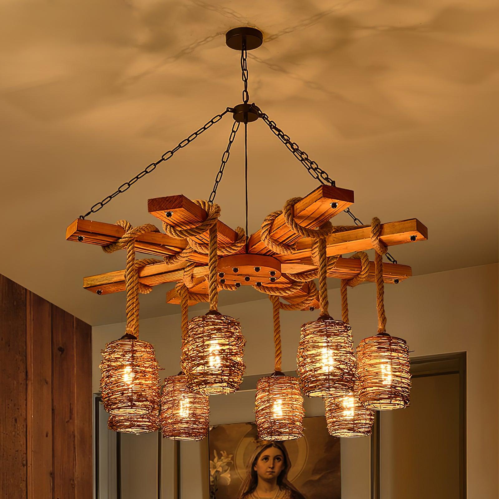 Lustra Chandelier Vintage Farmhouse Rattan Wooden-Neutral Decor