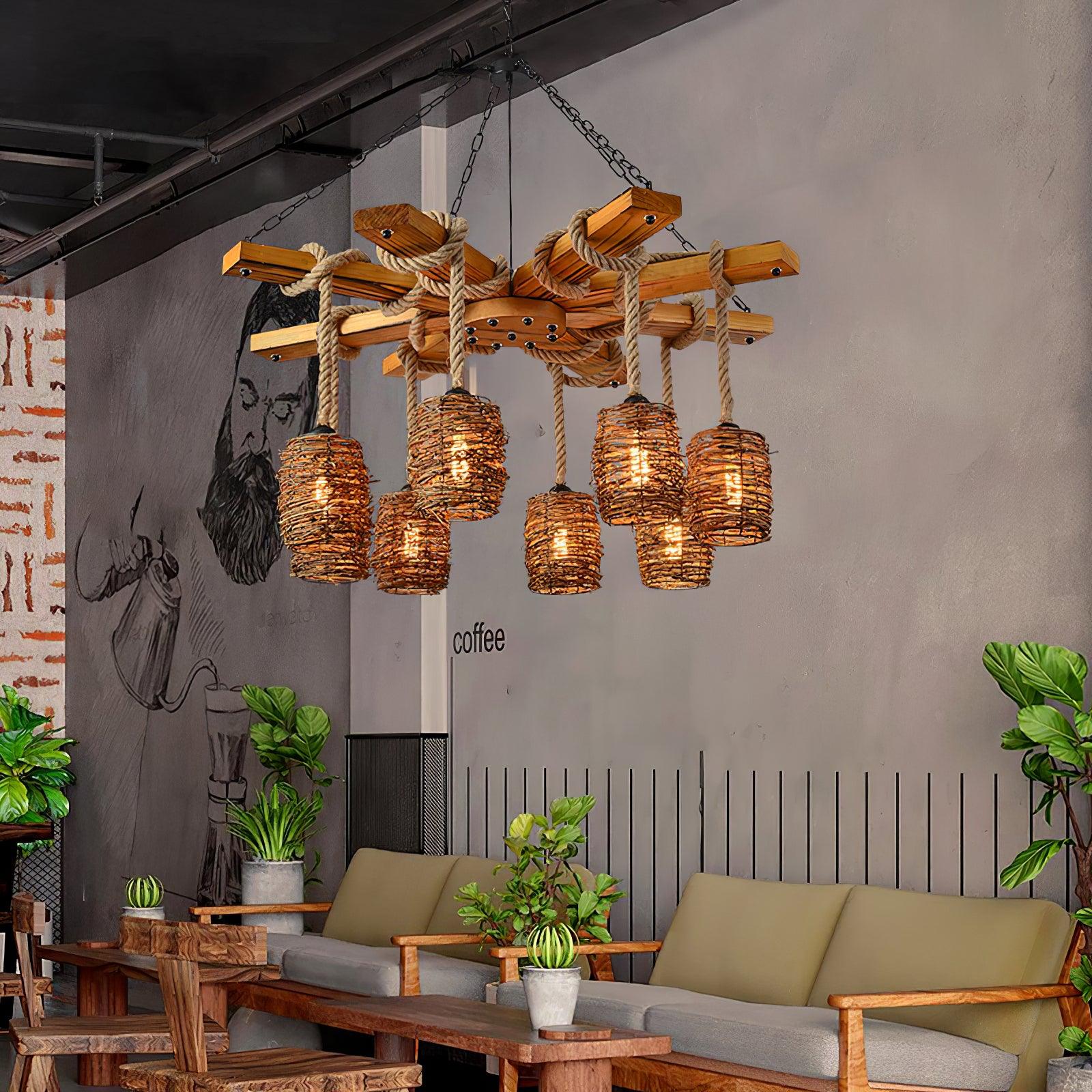Lustra Chandelier Vintage Farmhouse Rattan Wooden-Neutral Decor
